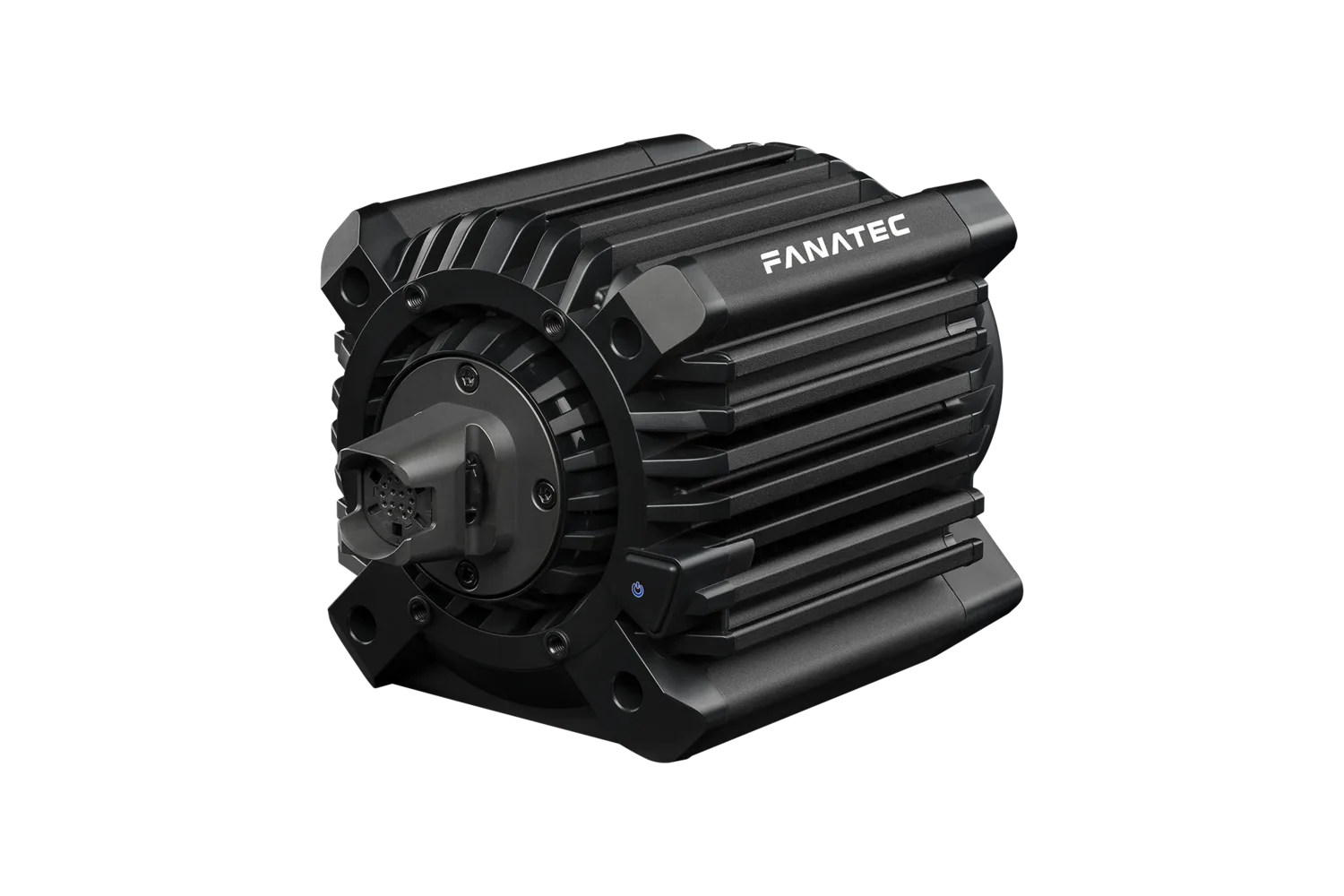 Fanatec ClubSport DD+ wheel base, front three-quarter view showing the QR2 quick release on the motor shaft