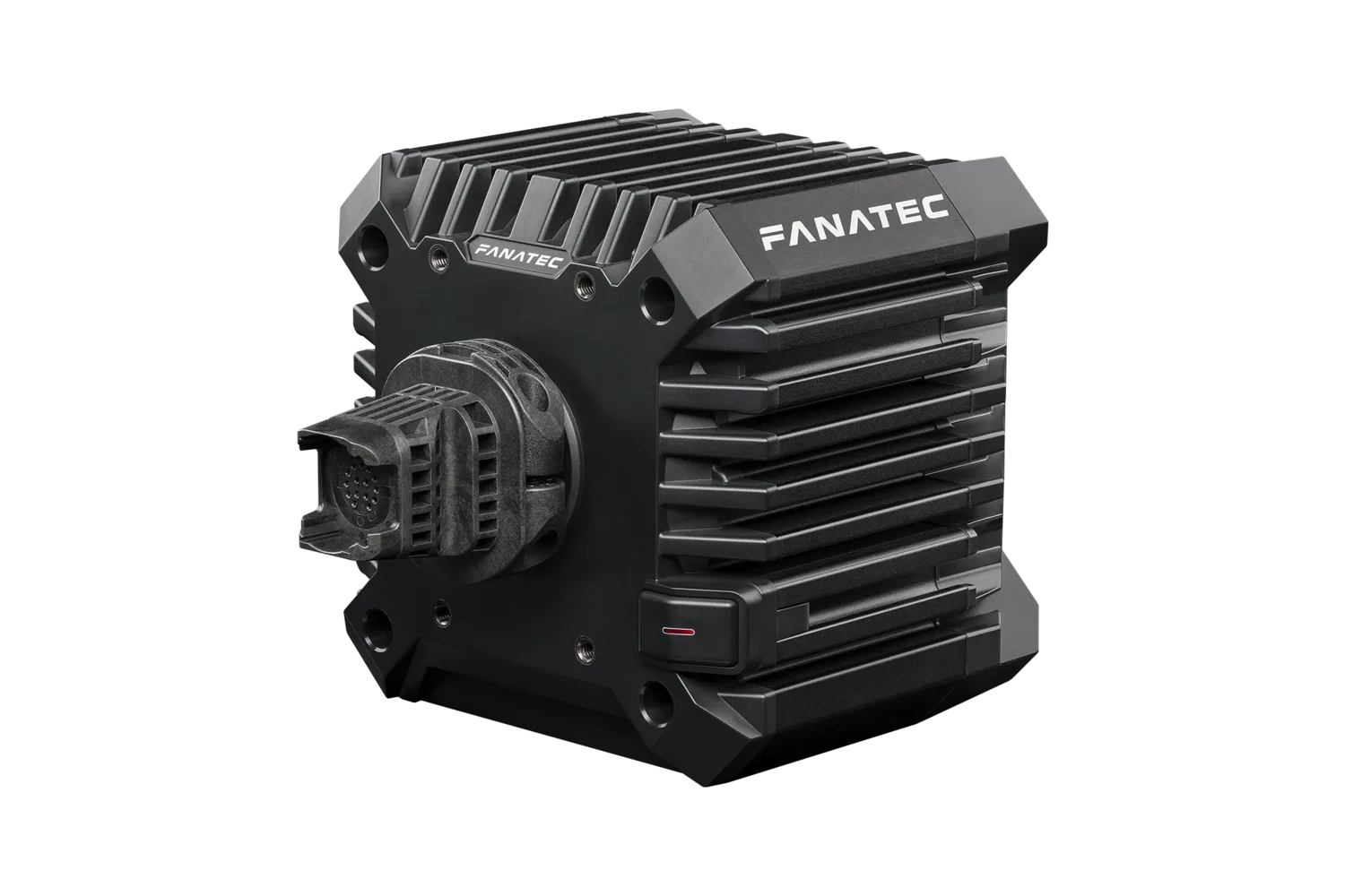 Fanatec CSL DD wheel base, front three-quarter view showing the QR2 quick release on the motor shaft