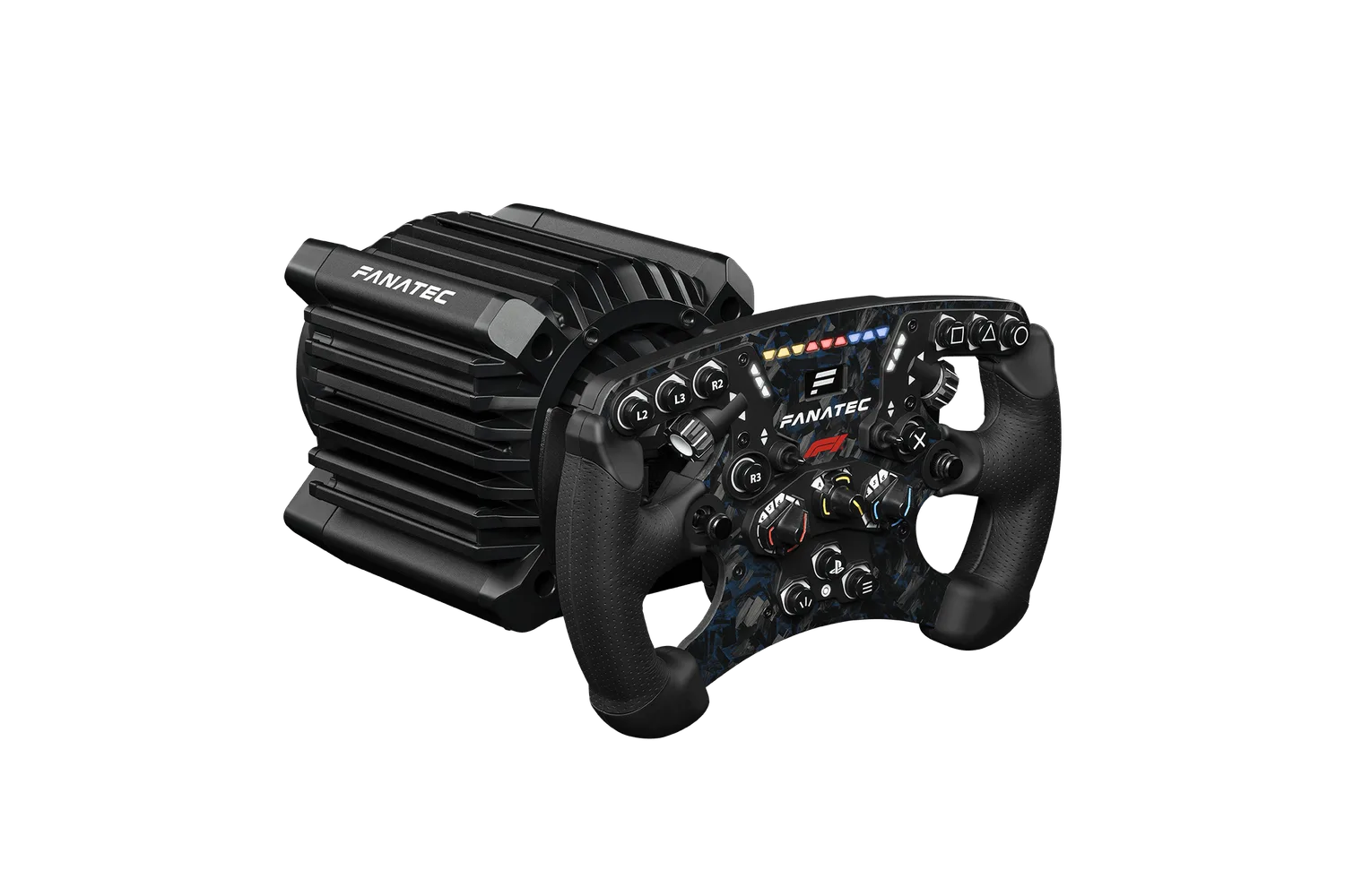 Fanatec ClubSport Racing Wheel F1: a ClubSport DD+ wheel base with the ClubSport Steering Wheel F1 PS5 mounted on its shaft, a blue forged-carbon formula rim with perforated leather grips, an LED strip, and PlayStation face buttons. No pedals are in the frame