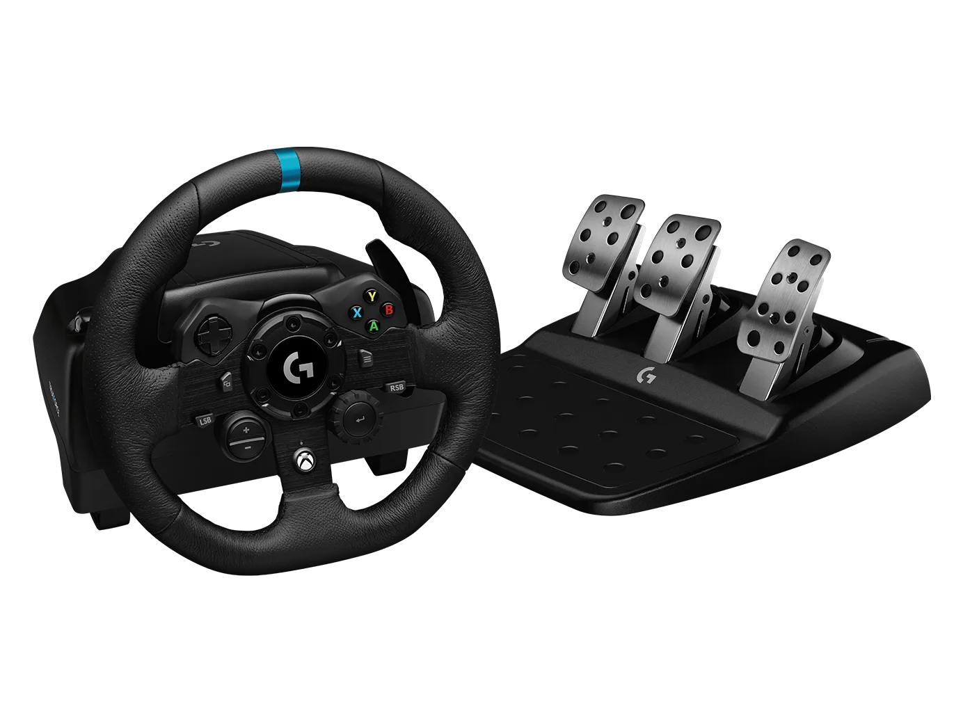 Logitech G923 racing wheel and three-pedal set, the Xbox configuration, three-quarter product view