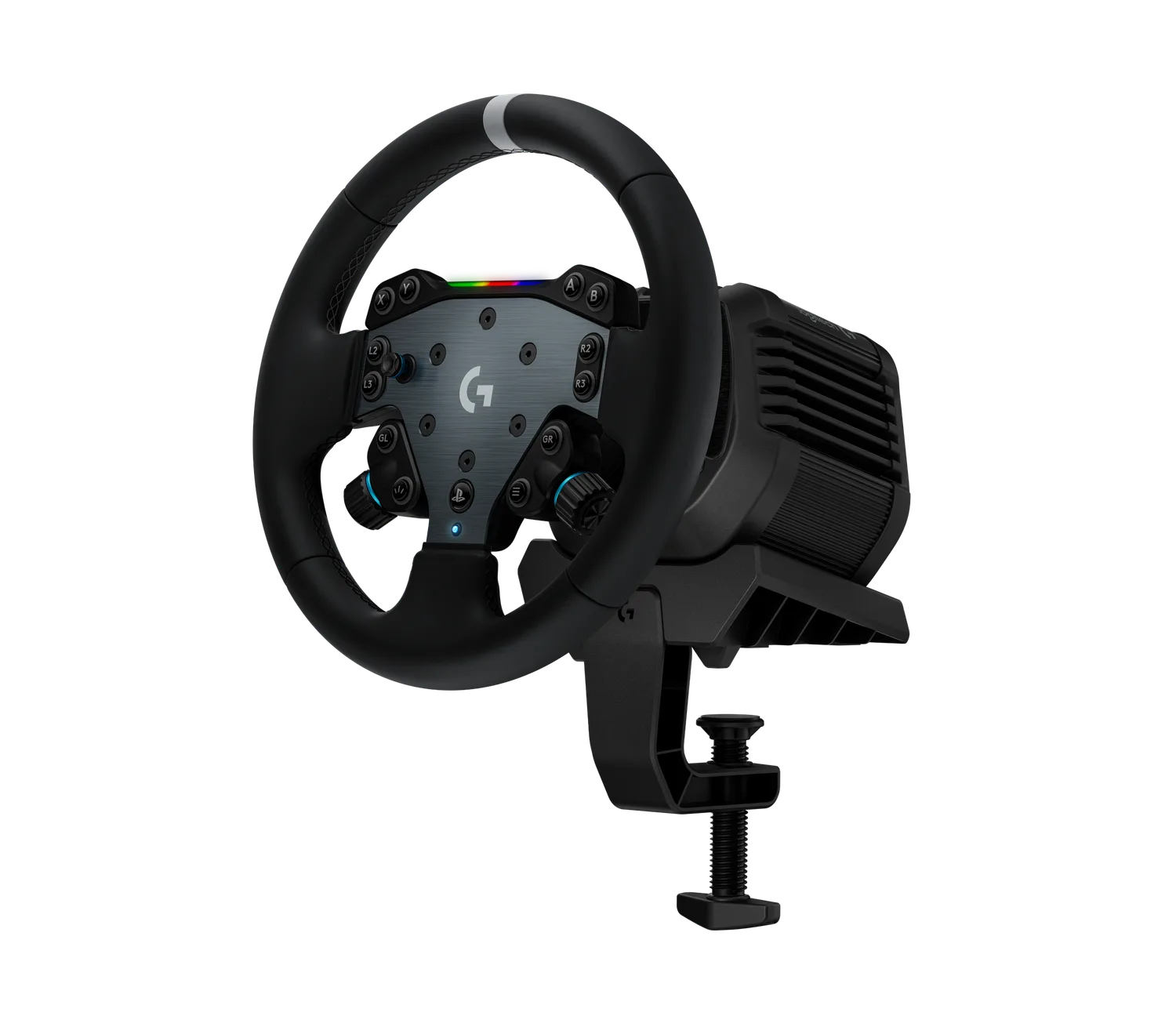 Logitech G RS50 System: the RS50 direct-drive base with the RS Wheel Hub and round steering wheel fitted to it, held by the RS50 table clamp, three-quarter front right view