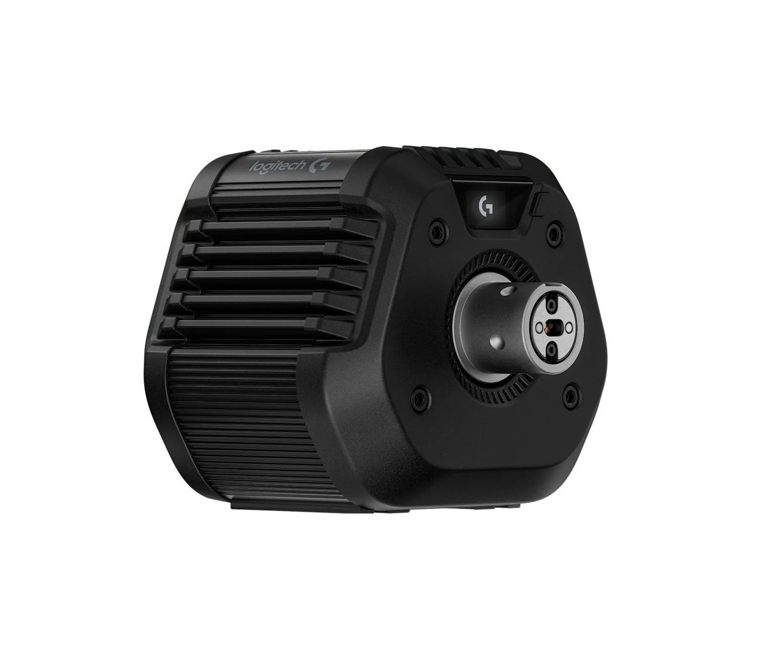 Logitech RS50 direct-drive wheel base with RS Wheel Hub, front three-quarter view showing the on-base OLED display