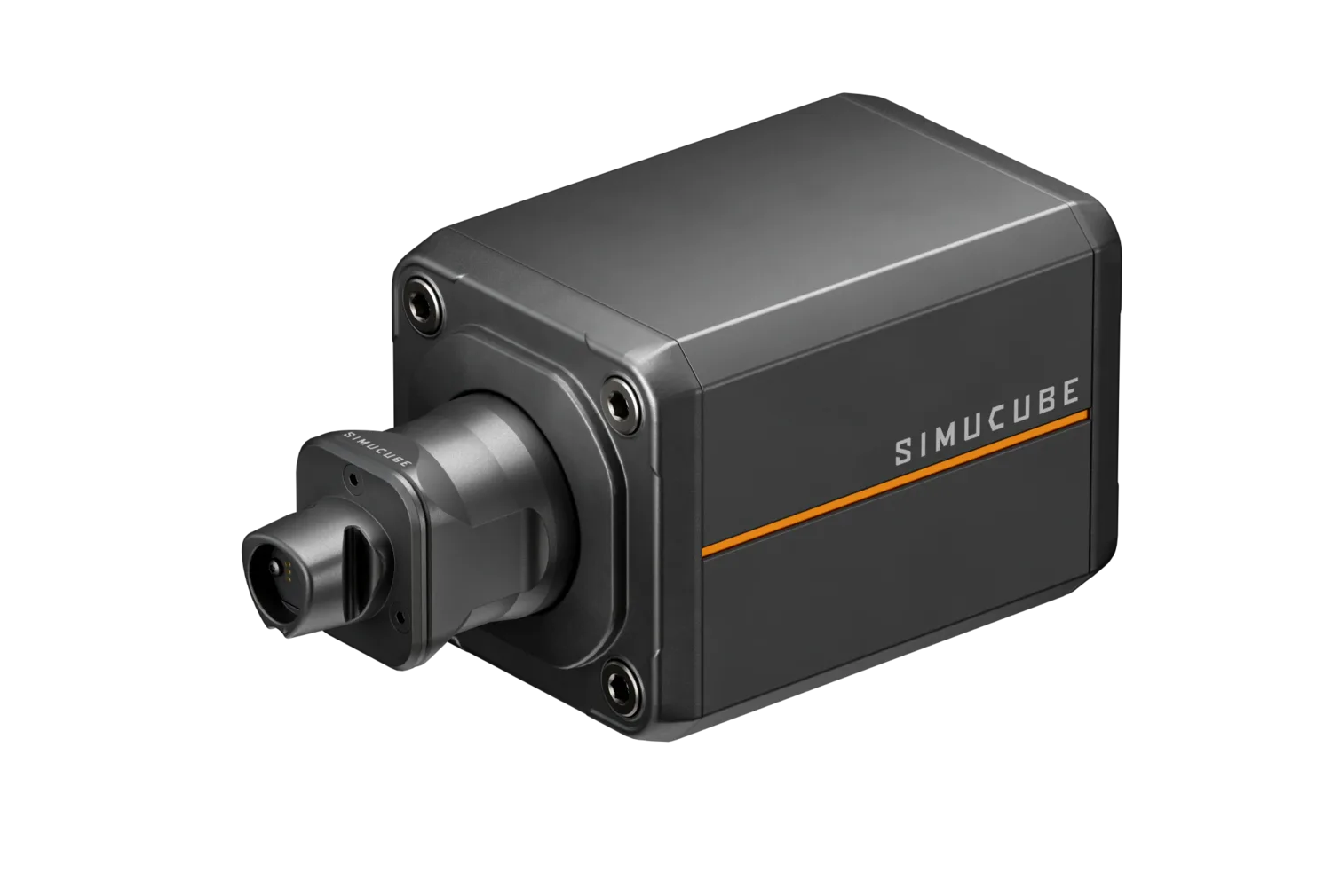 Simucube 3 Sport direct-drive wheel base, front view of the industrial-grade aluminum housing