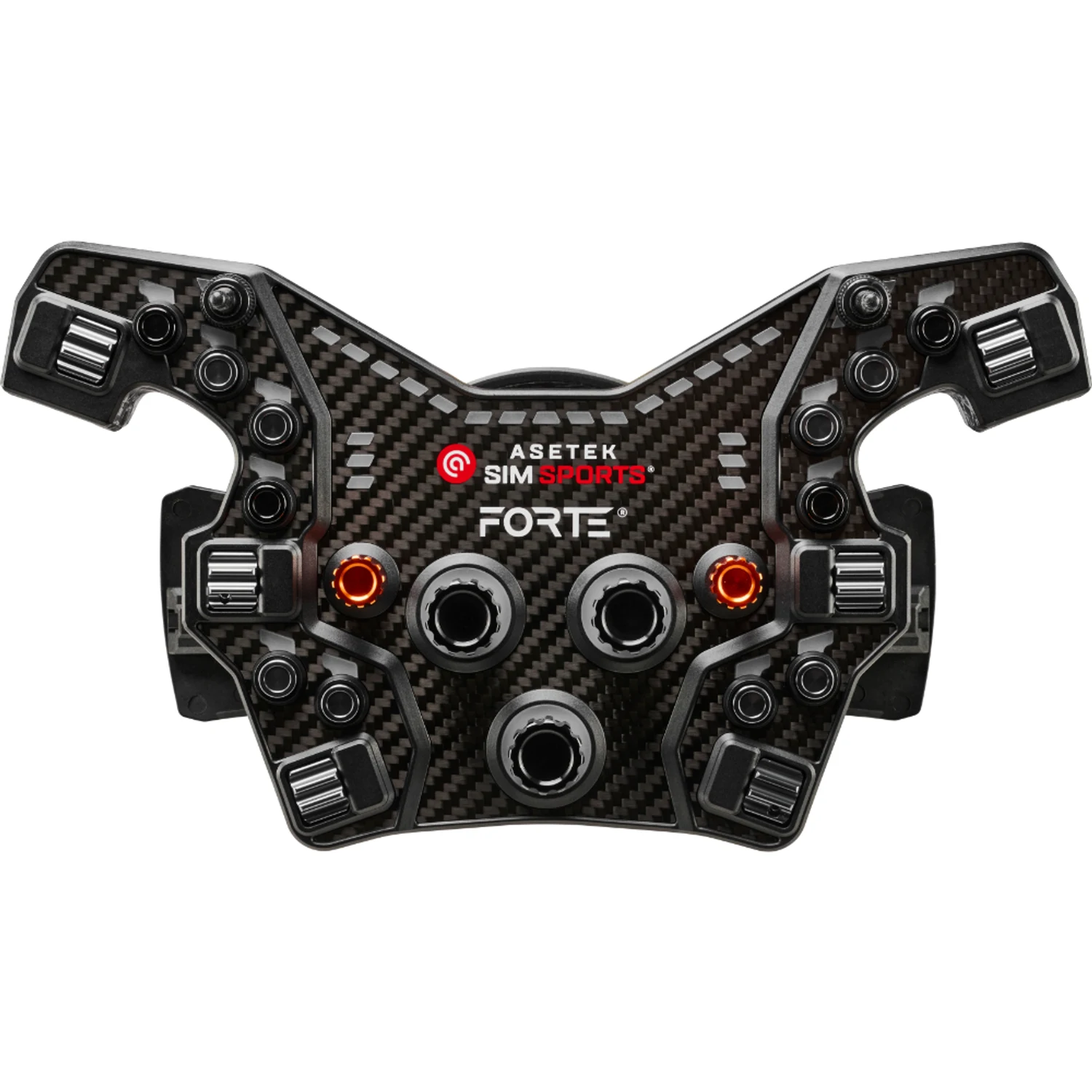 Asetek Forte Formula Button Box seen head-on with no handles fitted: a woven carbon faceplate in a formula outline with bare mounting flanges at both sides, twelve push buttons, four thumb encoders, three twelve-position rotaries, two seven-way switches with orange illuminated caps, four rocker switches at the corners, and the Asetek SimSports and FORTE marks across the middle