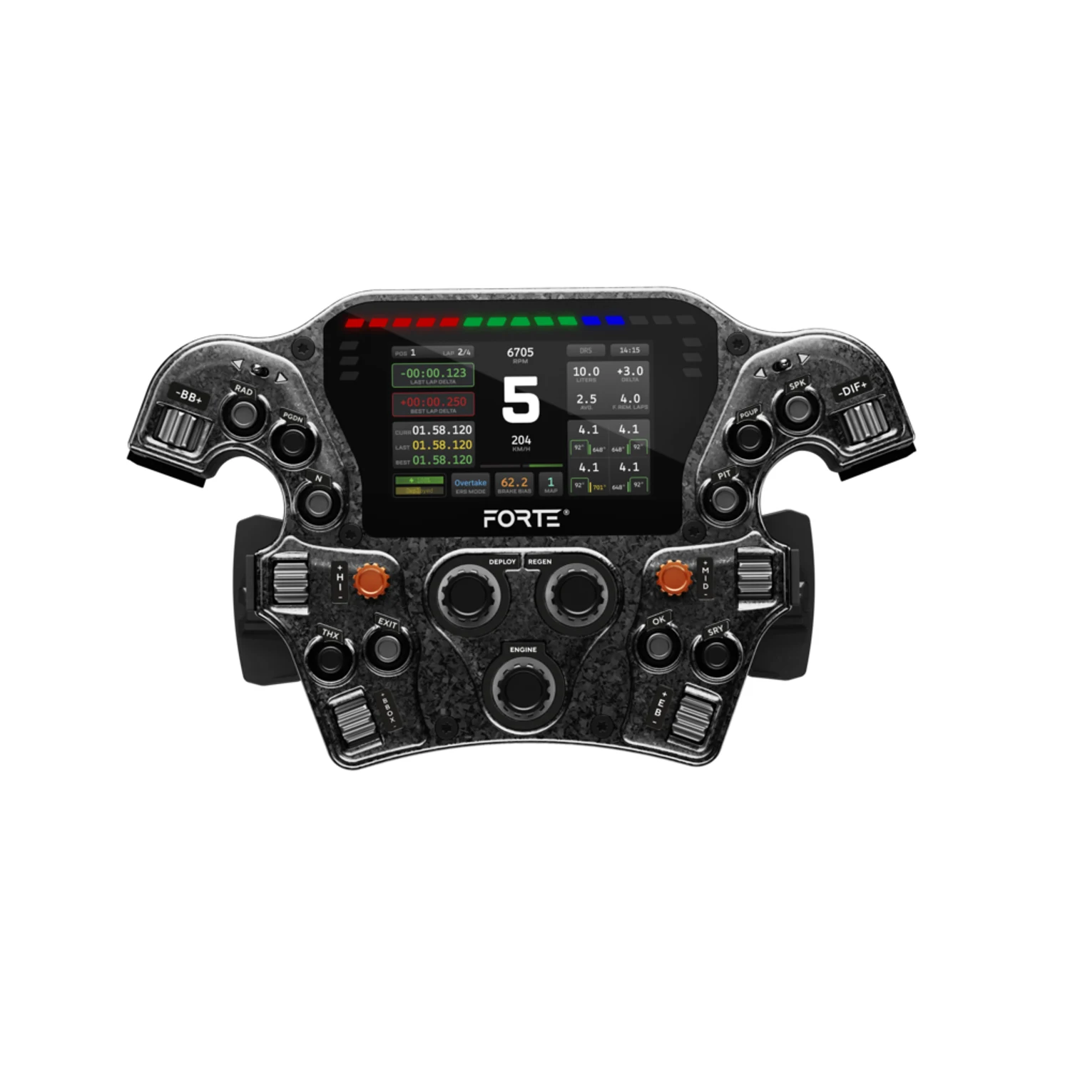 Asetek Forte Formula Pro seen head-on with no handles fitted: a forged-carbon formula body with a 4.3-inch landscape display showing gear, lap deltas, and tyre temperatures, a rev-light strip in red, green, and blue above it, two wing-shaped upper sections carrying rotaries and thumb encoders, and two bare mounting flanges at the sides where the grips would bolt on
