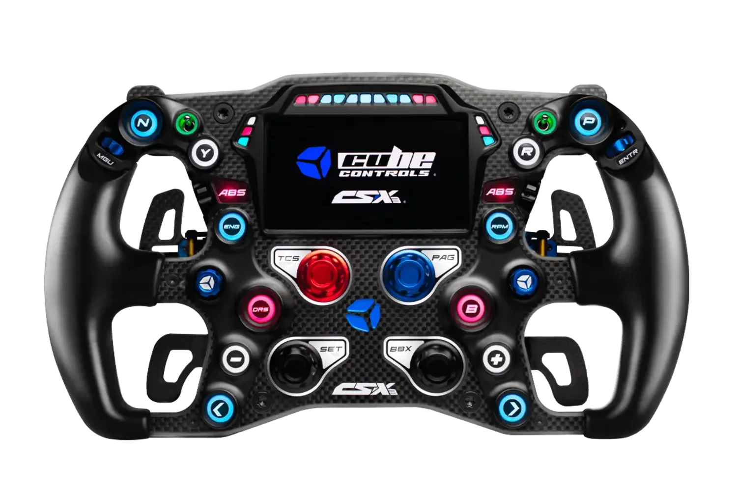 Cube Controls CSX-3 formula sim racing wheel, front view with the carbon faceplate, RGB buttons lit, and the 4-inch center screen on