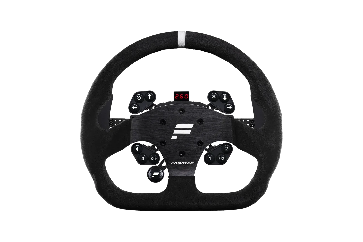 Fanatec ClubSport Steering Wheel GT V2, front view of the round suede GT rim on the ClubSport Universal Hub V2 with button clusters and a 3-digit LED