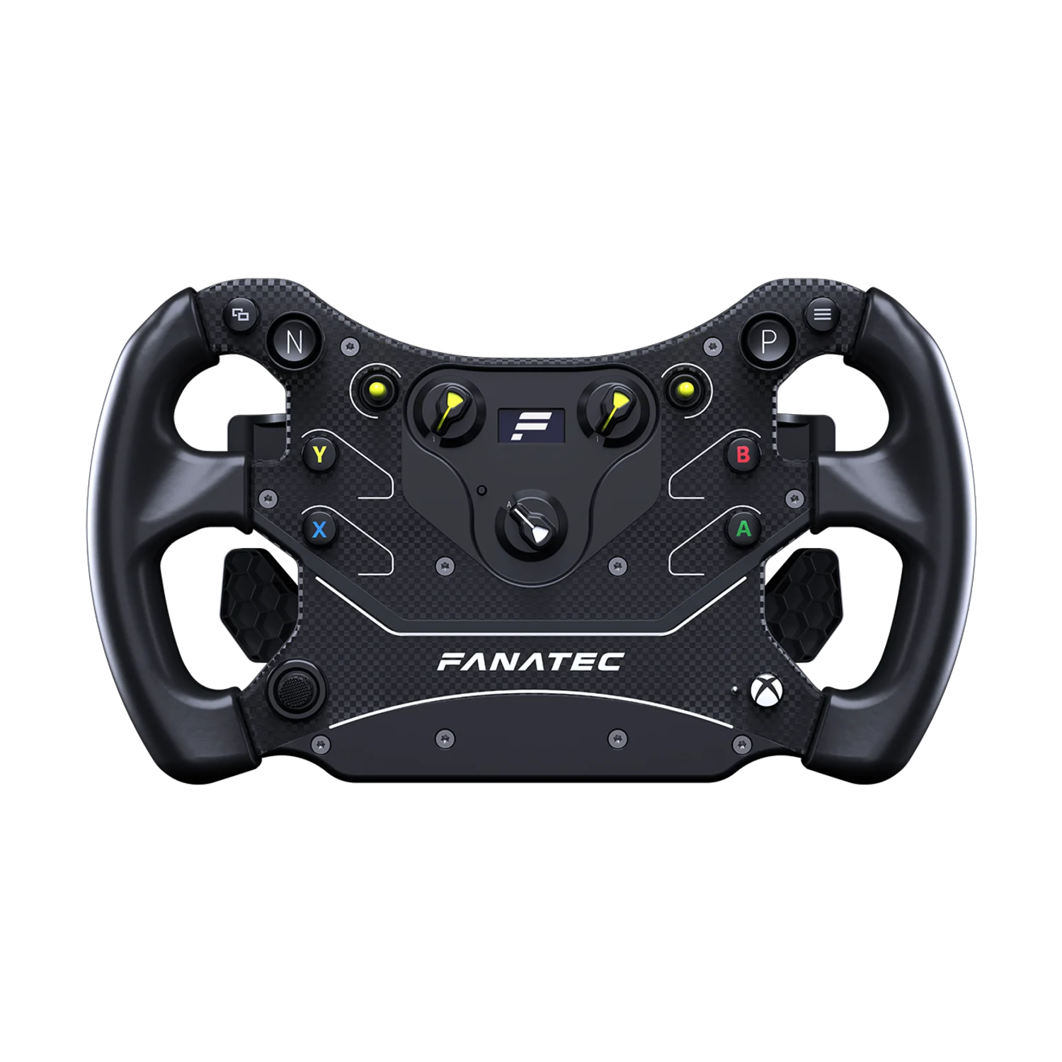Fanatec CSL Steering Wheel GT3, front-on view of the round GT3-style rim: two contoured black grips with diamond-texture aluminum inserts either side of a black center plate carrying a small rectangular OLED screen, two yellow-tipped 12-position rotary switches high on the face flanking that screen, a seven-way directional switch below them, and rows of round buttons with removable caps