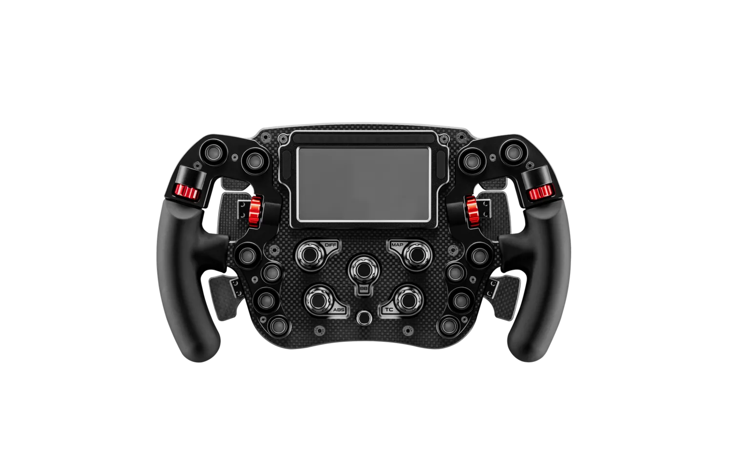 Simagic FX Pro Formula Steering Wheel, front view showing the carbon fiber faceplate, 4.3-inch display, RGB buttons, and encoders