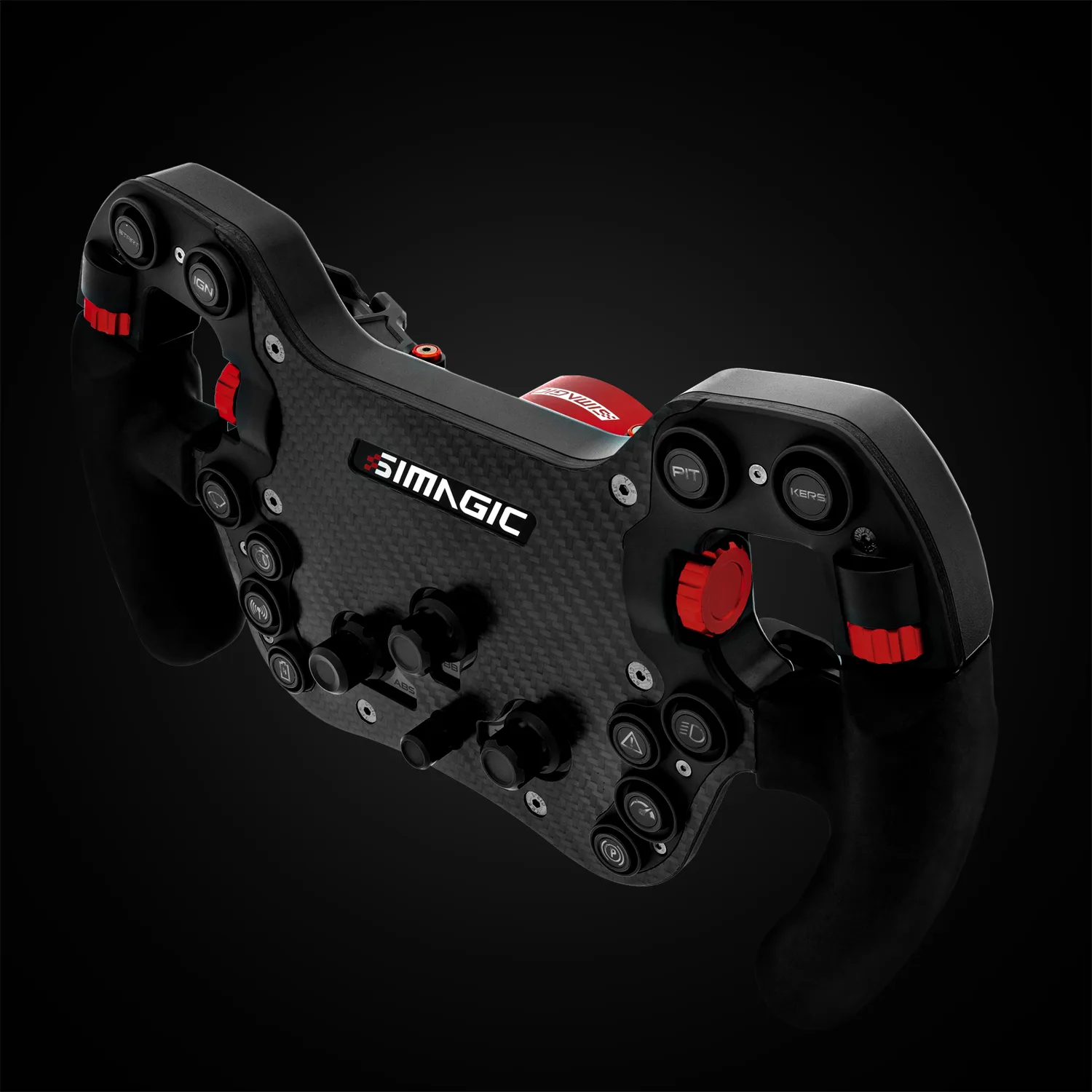 Simagic FX Formula Steering Wheel seen from three-quarters above: a woven carbon fiber faceplate carrying the SIMAGIC wordmark, flanked by two black grips, with rows of round backlit buttons labeled PIT, KERS, and IGN, three red-capped rotary encoders, red thumb encoders on the grip tops, and no screen anywhere on the face