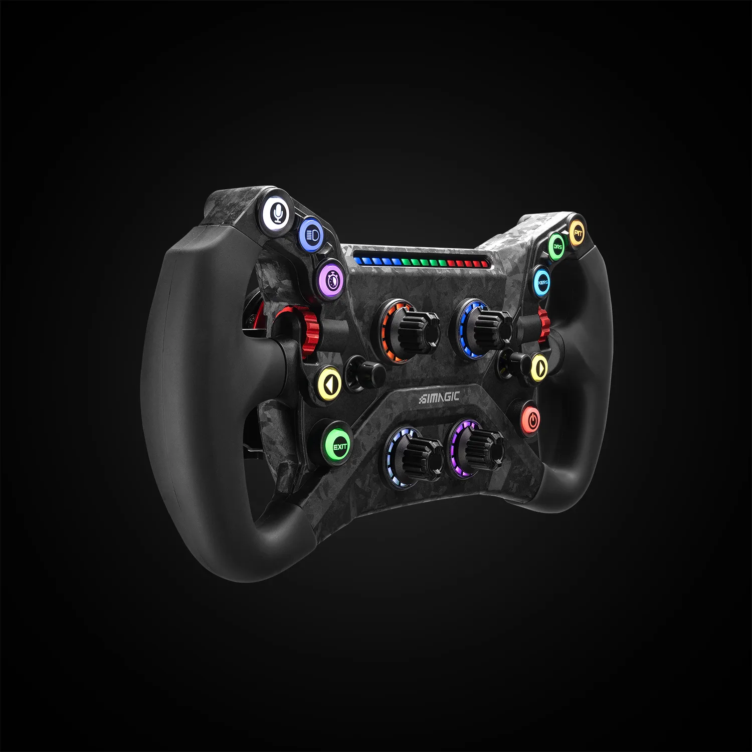 Simagic GT Neo round GT steering wheel, three-quarter view showing the RGB buttons, twin funky switches, rotary encoders, and rev LED strip